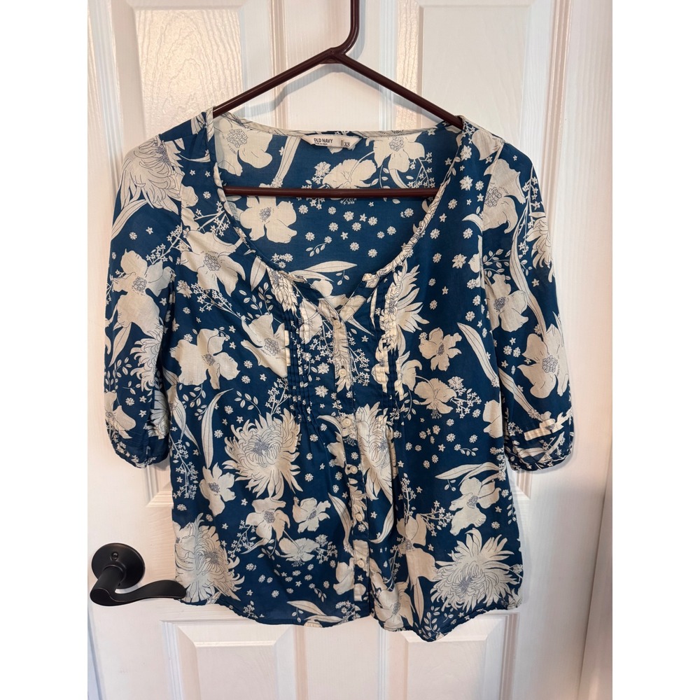 Old Navy Top Blue Floral Pintuck Peasant Blouse XS